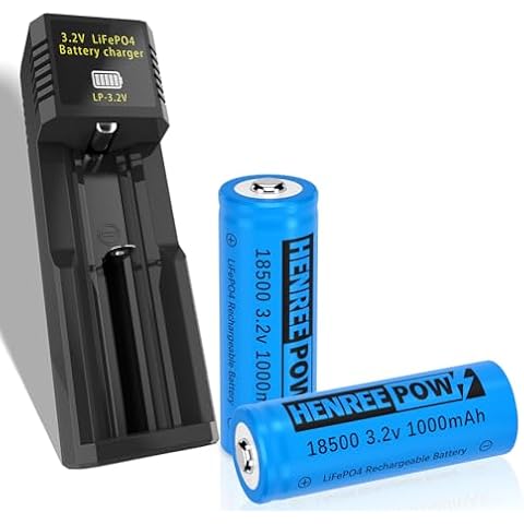 Henreepow 18500 3.2 Rechargeable Battery with Charger, LiFePo4 Double A Rechargeable Battery, Low self-Discharge, 3.2v Battery Charger Smart Charger Automatically cuts Off Power When Full Cover
