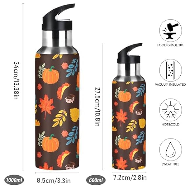 Burbuja Fall Pumpkin Stainless Steel Water Bottle, Vacuum Insulated Water Bottles with Straw Lid for Sports, Gym, School - Leak & Sweat Proof, BPA Free, 20 oz