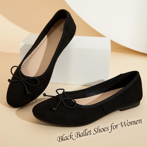 Witwatia Women's Flat Dress Shoes Comfortable Black Ballet Shoes Casual Slip On Dress Shoes Suede Round Toe Flats with Bow3