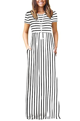 euovmy maxi dress EUOVMY Maxi Dress for Women Loose Plain Crewneck Short Sleeves Sundress  Wedding Guest A-line Casual Party Vintage Spring Summer Beach Long Dresses  with Pockets White Striped Small at Amazon Women's Clothing store
