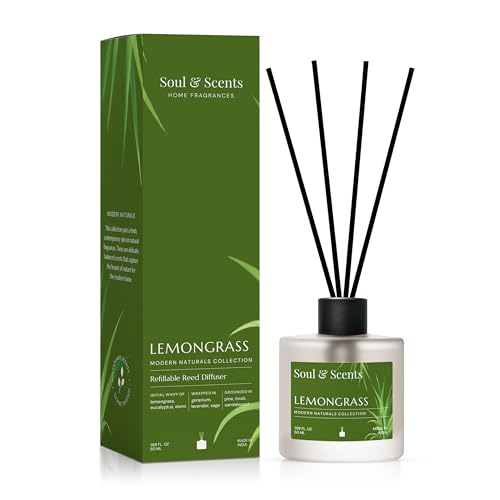 Image of Soul & Scents 50ml Lemongrass Reed Diffuser Set | A Fusion of Zesty Lemon & Lemongrass | Get 5 Rattan Reed Sticks | Smoke Less Room Freshener for Home, Bedroom, Living Room & Office