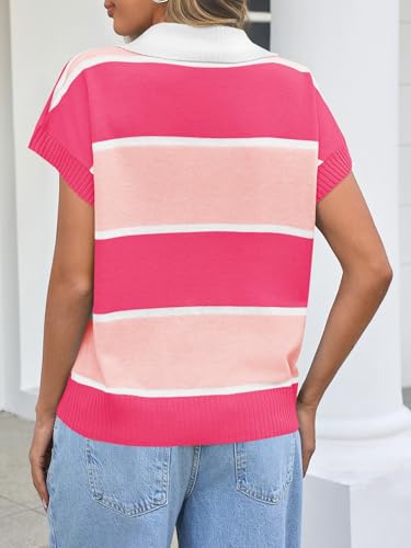 Image of Saodimallsu Women's V Neck Button Down Striped Short Sleeve Knit Sweater