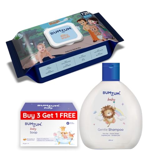 Image of Bumtum Chota Bheem Gentle Soft Moisturizing Wet Wipes With Lid - 72 Pcs.(Pack of 1) & Baby Soap (4N x 50 Gram) & Baby Gentle Shampoo (200 ML) Combo