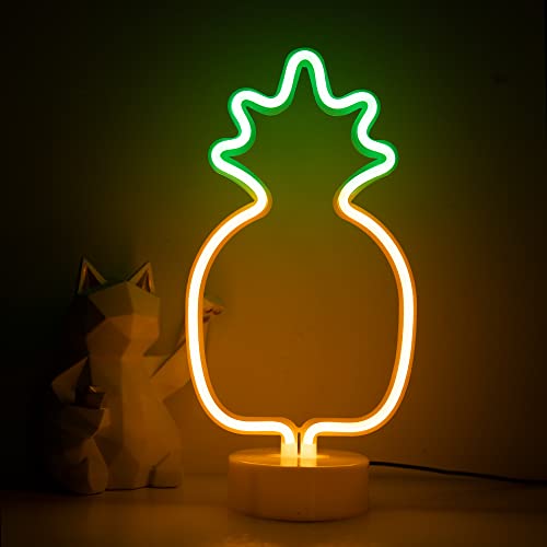 ENUOLI Pineapple Neon Signs Warm White LED Neon Light Sign with Holder Base Indoor Decor Battery Operated Lights for Home Party Birthday Bedroom Bedside Table Decoration Children Kids Gifts