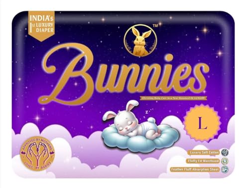 Image of Bunnies Premium All Night Absorb Pant Style Baby Diapers, Large (L) Size 9-14kg, Pack of 100 Ultra Soft Babies Diapers with Leakage Guard & Anti-Bacterial with 12 Hours Absorption