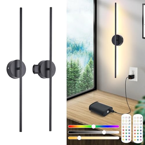 Rechargeable Wall Lights Indoor Set of 2, Detachable Battery Operated Wall Light With Remote & Touch Switch, LED Dimmable Wireless Wall Sconces, 15 Colors, 8000mah,Timer, 360° Rotation, Black, 100CM