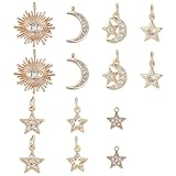SUPERFINDINGS 14pc 7 Style Brass Micro Pave Cubic Zirconia Charms Rhinestone Crystal Moon Star Planet Starry Dangle Pendants for Bracelets Necklaces Earrings Jewelry Making