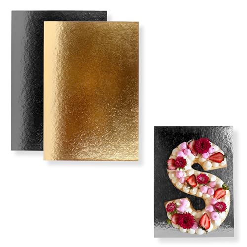 Kit de 10 Supports à Gâteaux Rectangulaires | 30x20 cm | Carton Réversible | Plateau pour présenter Pâtisserie, Layer our Number cakes | Fabriqués en Europe | 1 mm d'épaisseur | Noir et Doré