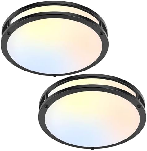 2-Pack 12 Inch Flush Mount Light Fixtures, 36W 3600lm Super Bright LED Ceiling Lights for Kitchen, Dimmable LED Lights 2700K-6500K 5 Color Temperatures, Modern Black Lighting for Bedroom Bathroom