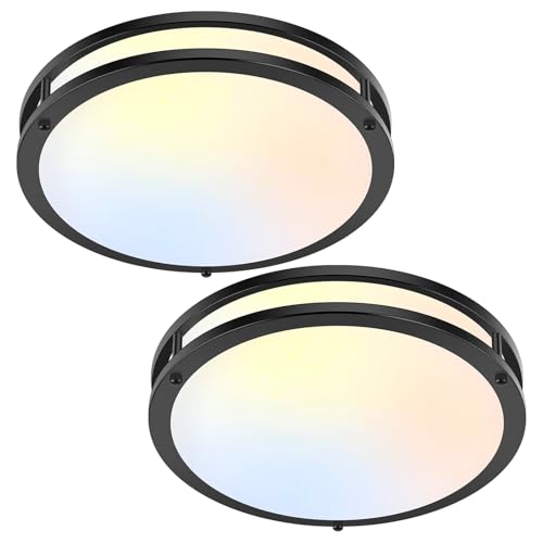 2-Pack 12 Inch Flush Mount Light Fixtures, 36W 3600lm Super Bright LED Ceiling Lights for Kitchen, Dimmable LED Lights 2700K-6500K 5 Color Temperatures, Modern Black Lighting for Bedroom Bathroom