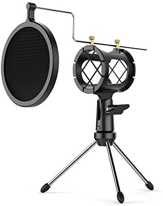 Aokur Microphone Shock Mount, with Pop Filter Metal Mesh Net, Condenser Shock Mount Holder Clip for Diameter 1.7 inch-2.0 inch Microphone, Screw Adapter for metal 5/8" male to 3/8" female