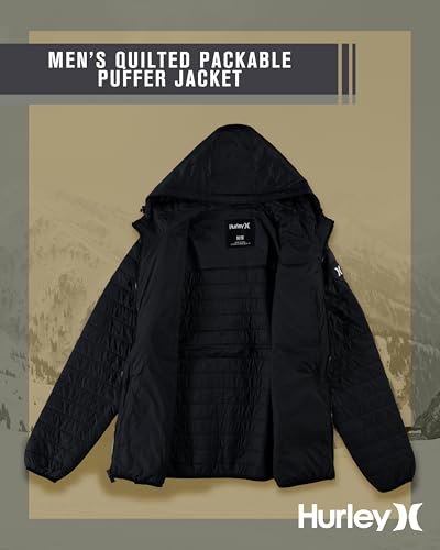 Image of Hurley Mens Puffer Jacket - Lightweight Packable Insulated Winter Coat for Men - Weather Resistant Quilted Outdoor Jacket