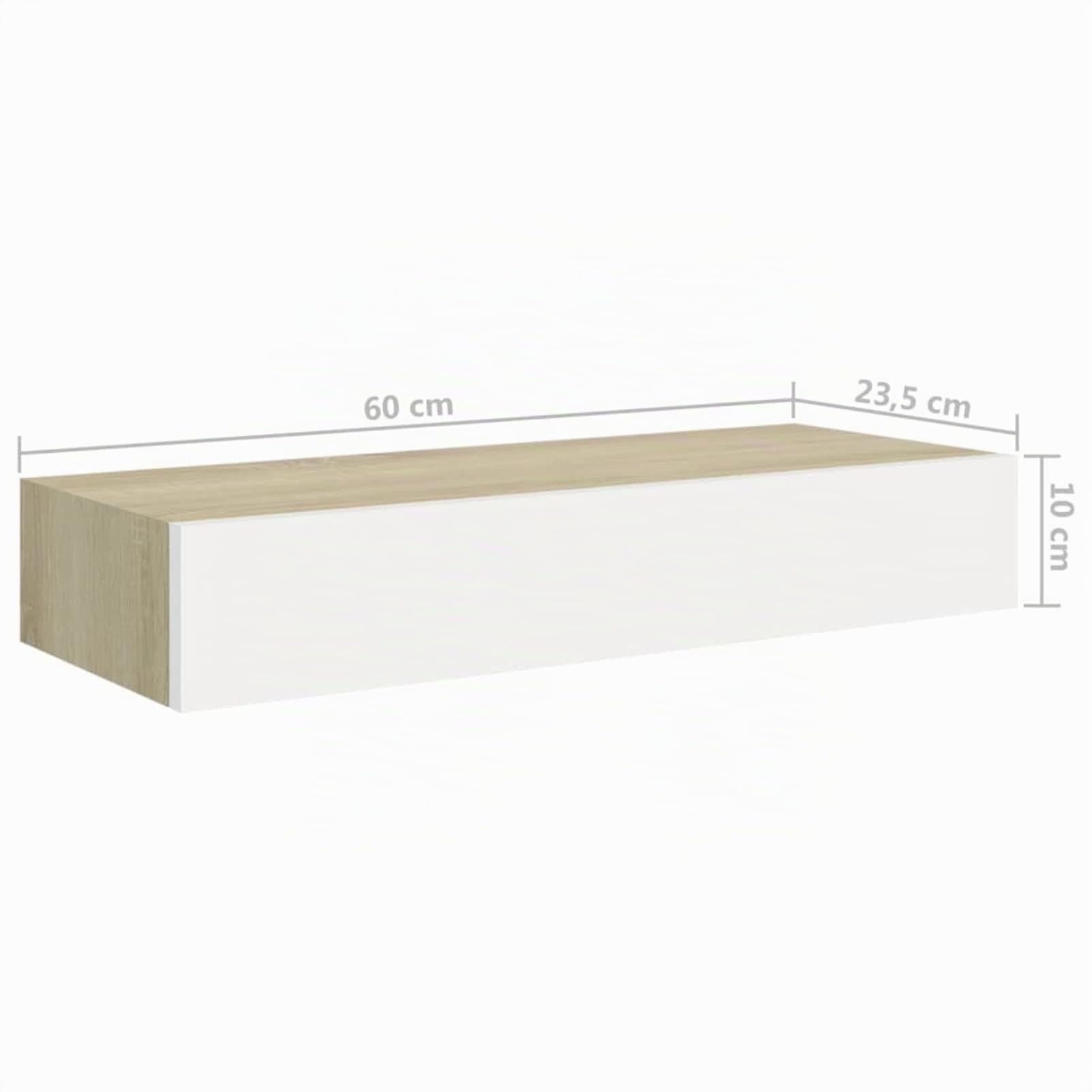Estantería Flotante con Cajón, 60x23.5x10 cm, MDF y Metal, Capacidad 10 kg, para Salón, Dormitorio, Cocina, Color Roble y Blanco