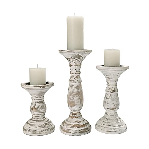 Yorkmills Pillar Candle Holder Set Of 3, Farmhouse Decor Living Room Tall Candle Holders For Pillar Candles, Wood Candle Holders For Table Centerpieces White Home Decor Kitchen Dining Room Table Decor #TOP6