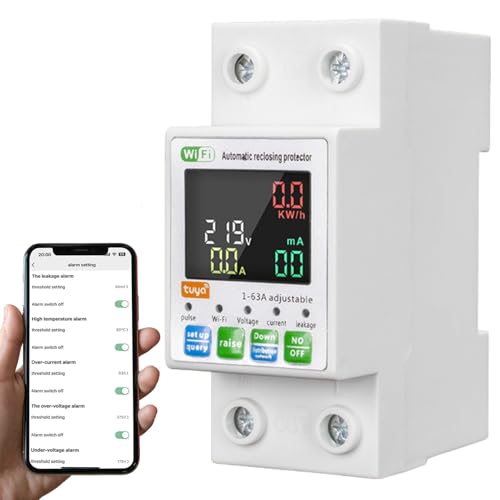 Jadeshay Interruptor Automático WiFi,63A Medidor de Consumo Electrico Monofasico Amperímetro Voltímetro Retroiluminación de Pantalla de Color con Protección contra Sobretensión y Subtensión y Fugas