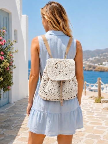 Image of Eiyye Handmade Crochet Backpack for Women Premium Cotton Rope Boho Rucksack with Adjustable Straps Lightweight Woven Shoulder Backpack for Travel Beach & Everyday Casual