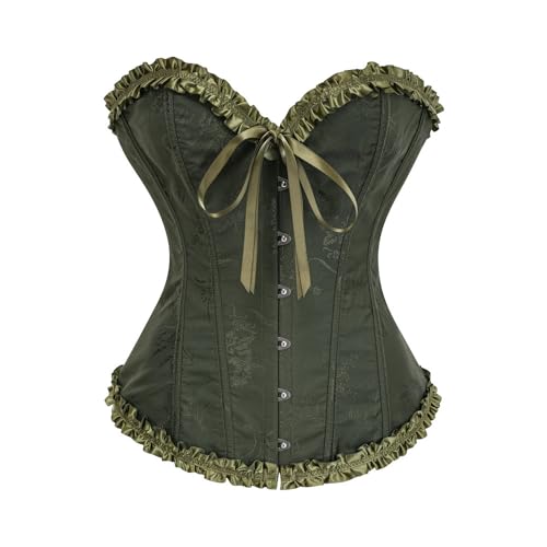 Demays Corset Tops for Women Lace up Overbust Bustier Lingerie Stain Boned Shapewear Bodysuit (UK Alpha L Regular Regular army green)