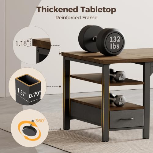 Image of Mericonia 63 inch Computer Desk with Drawer, 1.2 inch Thick Reversible Office Desk | Modern Writing Table with Power Outlets & Storage Shelves, Heavy Duty Industrial Executive Desk for Home Bedroom Study Work