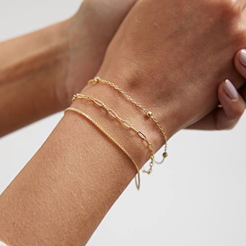 Ascomy Dainty Gold Bracelets For Women 14K Gold Plated Tiny Paperclip Chain Bracelet For Women Girls Cute Bead Link Box Chain Bracelets Set Adjustable Layered Bracelet Trendy Gold Jewelry Gift #TOP1