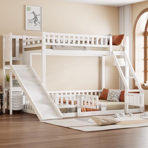 Etagenbett 90x200 & 140x200 für 3 Kinder, Kinderbett Hochbett mit Rutsche & Stauschrank, Funktionsbett Doppelbett Stockbett Spielbett Kinderhochbett Jugendhochbett mit Lattenrost, Ohne Matratze, Weiß Etagenbett 90x200 & 140x200 für 3 Kinder, Kinderbett Hochbett mit Rutsche & Stauschrank, Funktionsbett Doppelbett Stockbett Spielbett Kinderhochbett Jugendhochbett mit Lattenrost, Ohne Matratze, Weiß