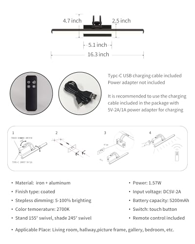Image of KDG LED Cordless Wall Picture Light with Remote, 5200mAh Rechargeable Dimmable Art Lighting, Adjustable Swing Arm, Picture Frame Light for Gallery, Living Room, Hallway, 16.3 inch, Black