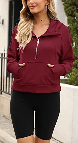 Womens Hooded Pullover Sweatshirts Half Zipper Crop Hoodie Fleece Lined Collar Zip Up Hoodies Cropped Long Sleeve Tops With Thumb Hole #TOP3