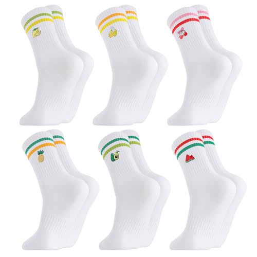 Utensilsto 6 Paar Weiß Tennissocken Socken Damen & Herren mit Streifen Crew Socks mit Motiv, EU 39-42 Sportsocken mit Fruchtmuster, Sport-Socken Atmungsaktive Arbeitssocken