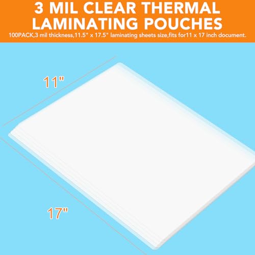 CAREGY 100 Pack Laminating Sheets, Hold 11 x 17 Inch Sheet, 3 Mil Clear Thermal Laminating Pouches 11.5 x 17.5 Inch Lamination Sheet Paper for Laminator, Round Corne