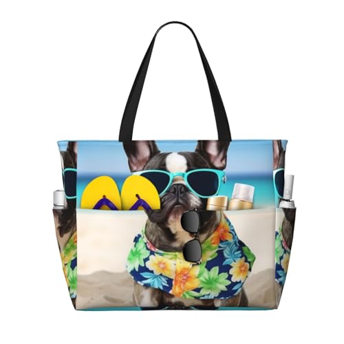 Beach Bags For Women Large Waterproof Sandproof Beach Tote Bag Lightweight Zipper Carry On Bag French Bulldog Summer Pool Bag For Gym Travel Vocation