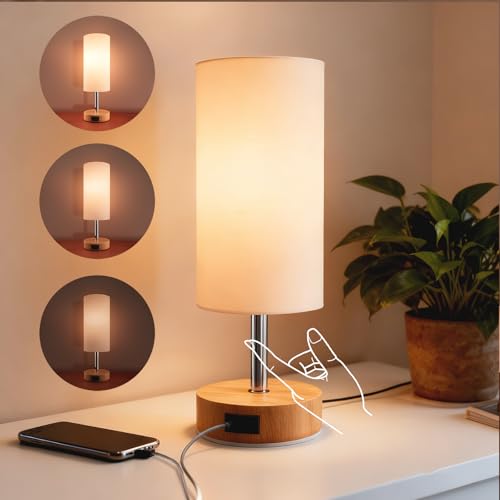Sailsco Lámpara de noche con regulador táctil y puertos de carga USB tipo A y tipo C, pantalla de tela blanca y base de madera. Ideal para dormitorios y salones (bombilla LED E27 no incluida).