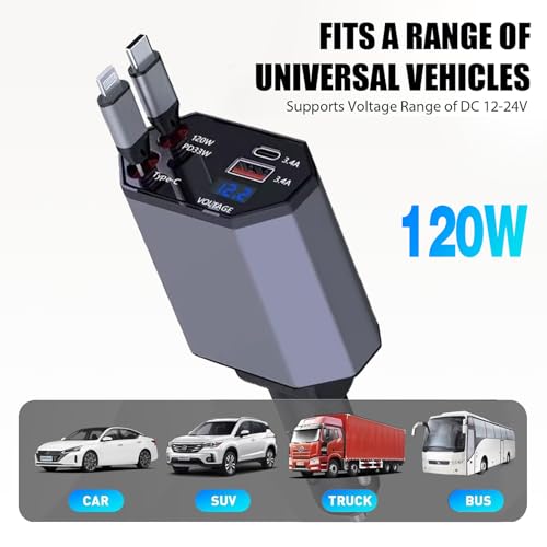Retractable Car Charger 4 in 1 100W Max USB C PD33W&QC3.0 Dual Cables 80cm Magic Cable & Instant Bounce, Car Charger Adapter for iPhone 16 15 Pro Max, iPad, Galaxy S23