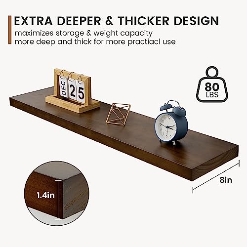 Floating Shelves 36 Inches Long - 8 Inch Deep Rustic Solid Pine Wood for Storage - Farmhouse Wall Mounted for Living Room - Heavy-Duty Metal Bracket - 36" W x 8" D - Set of 2 - American Walnut Color - Image 6