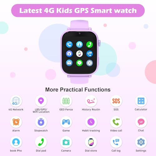 Image of 4G Kids Smart Watch with GPS Tracker, Video Call & Texting, Smart Watch for Kids with SIM Card, SOS, School Mode, HD Camera, Pedometer, Kid Watch Gift for Boys Girls Age 4-12, Violet