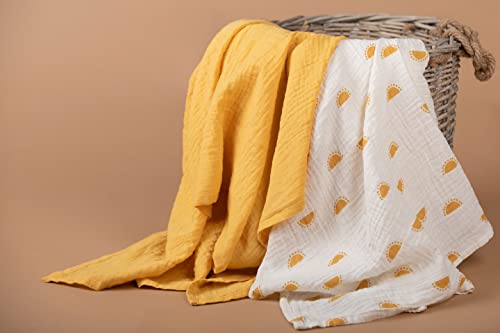 Sticky Toffee Muslin Swaddle Blankets For Baby Girl Or Boy, Soft And Breathable Oeko-Tex Cotton Muslin Baby Blanket, Newborn Swaddling Wrap, Receiving Blanket, 47 In X 47 In, Yellow Suns #TOP5