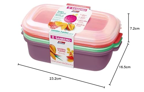 Conjunto Com 3 Potes Plásticos Com Tampa Reversível, Fundo Coral, Verde E Amarelo E Tampa Cristal, S