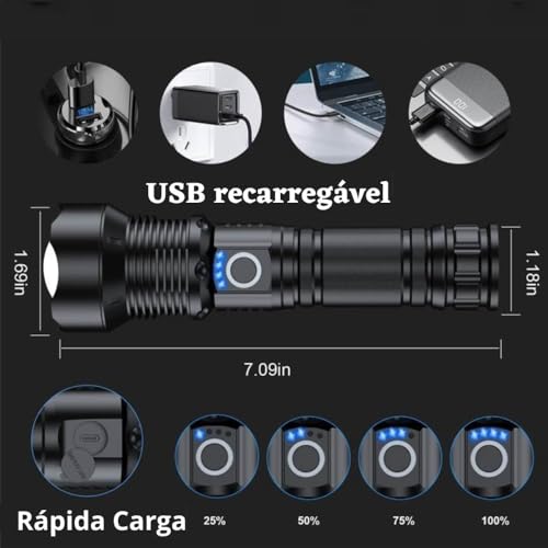 Lanterna Tática T9 Led Recarregável P50 USB Super Potente Zoom Longo Alcance para Trilhas Pesca Vigi