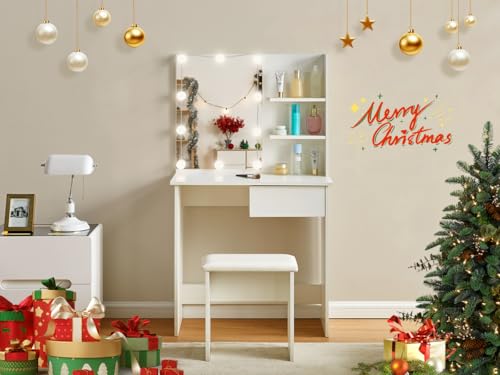 TUKAILAi Tocador con Espejo luz LED y Taburete, Tocador de Escritorio de Maquillaje de Cajone 3 Estantes, Mesa de Maquillaje LED Regulable Moderno para Dormitorio Blanco 75 * 40 * 140 CM (con LED)