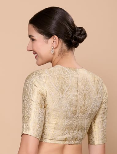 Image of Studio Shringaar Women Brocade Silky Jewel Neck Readymade Elbow Length Sleeve Saree Blouse