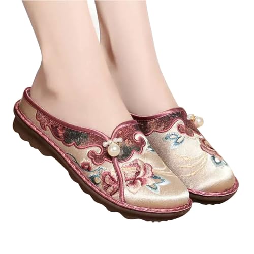 LEIYTFE Ethnic Women Embroidery Slipper Vintage Chinese Style Satin Slippers Close Toe Indoor Outdoor Shoes Slip On Bottom Linen Slipper(Red,EU 41)