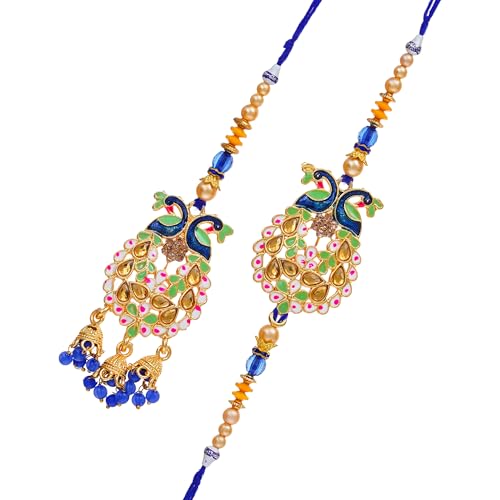 Image of Bhai Bhabhi Rakhi Set - Peacock Designer Rakhi with Stone & Pearl Work Lumba with Tassel for Bhabhi | Raksha Bandhan Gift