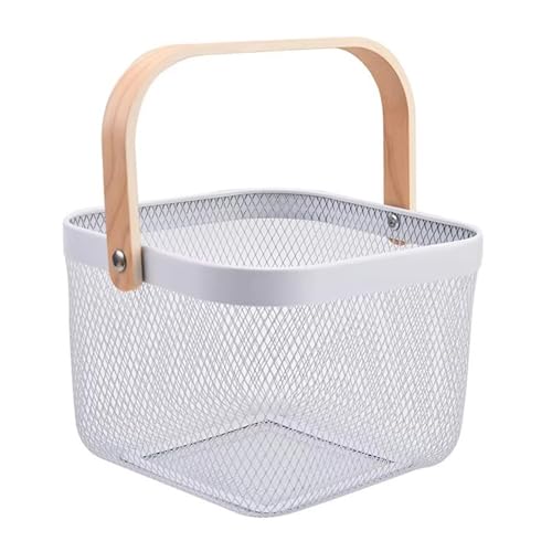 AJIODA Metal Mesh Wire Basket, Small Steel Basket with Wooden Handle Storage Organizer Basket Multi-functional Hanging Kitchen Baskets Fruit Baskets for Kitchen Bathroom Cabinet Pantry Snacks, White