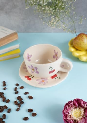Image of WEAVING HOMES Handcrafted Ceramic Mug & Dessert Plate to Gift to Best Friend and Love Microwave Safe Cherry Fields Mug & Dessert Plate Set (Set of 2, Multicolor)