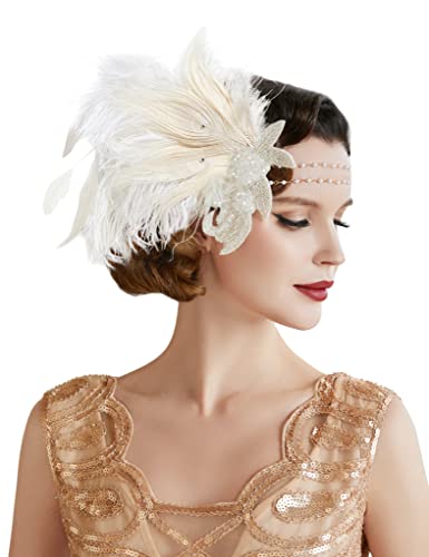 BABEYOND Art Deco 1920s Flapper Headpiece Roaring 20s Great Gatsby Feather Headband 1920s Flapper Gatsby Accessories (Off-white)