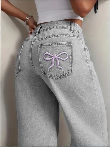 Image of Nifty Women's Denim Stretchable High Waist Light Wash Baggy Jeans || Back Pocket Bow tie Detail