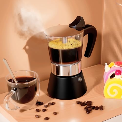 Image of Induction Moka Pot, 4 Cups (7.1 oz) Crystal Glass-Top & Stainless Steel Moka Pot, Classic Stovetop Espresso Maker, Black