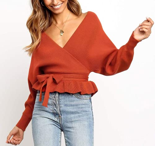 Image of ZESICA Women's Fall 2026 Wrap V Neck Long Batwing Sleeve Belted Waist Ruffle Knitted Sweater Pullover Top