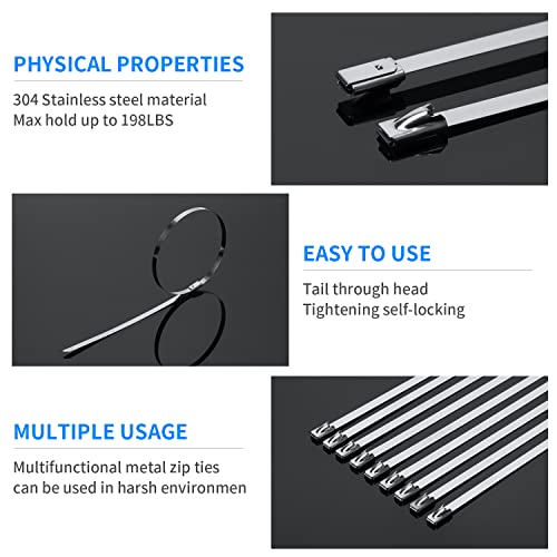 Xingo 300Pcs 9.8"+11.8"+13.7" Metal Cable Ties Heavy Duty, 304 Stainless Steel Zip Ties, Multi-Purpose Self-Locking Cable Ties For Exhaust Wrap, Outdoor And Canopy Etc #TOP4
