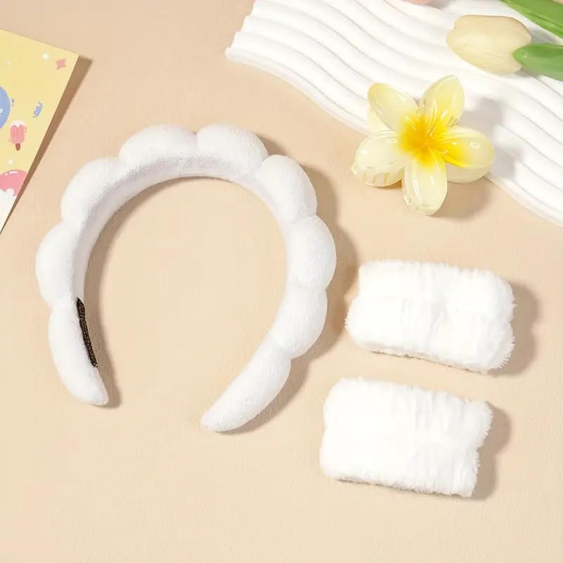 4 Elegant Minimalist Hair Accessory Set - 4pcs Women'S Facial Washing Wristbands and Twist Knotted Headbands with Matching Hair Clips - Sponge Padded Cloud Design - Dress Up Headbands Ensemble with Color Matching Prints PINK COMBO-image-27