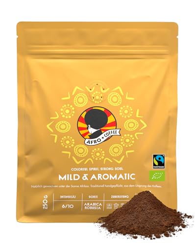 AFRO COFFEE Mild & Aromatic I 250g Premium Bio Kaffeepulver Fairtrade I Arabica & Robusta Kaffee Pulver I Kaffee gemahlen aus Ostafrika mit blumiger Note I handgepflückt, mittel geröstet, säurearm
