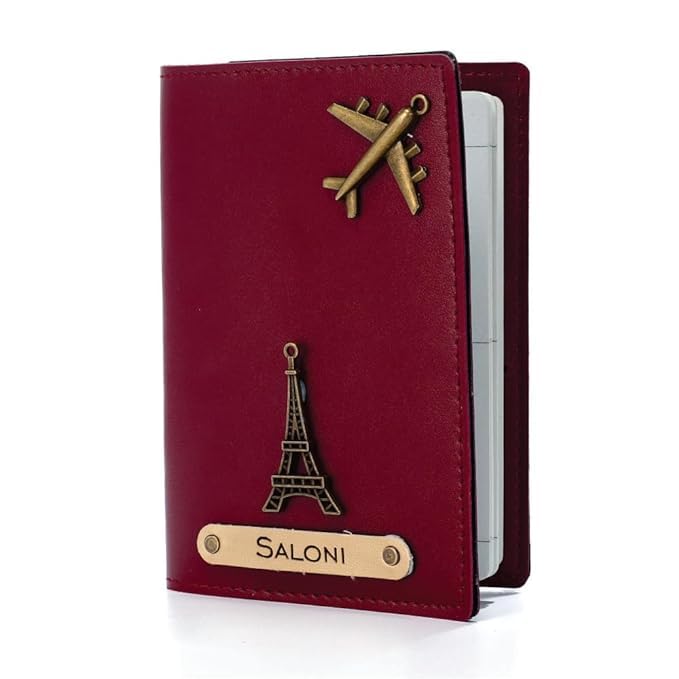 Image of Personalized Passport Cover with Name & Charm, Tan Travel Passport Holder for Men & Women, Premium Leatherette Case for Documents & Cards (Wine)